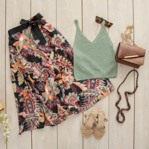 Black midi skirt with white flowers